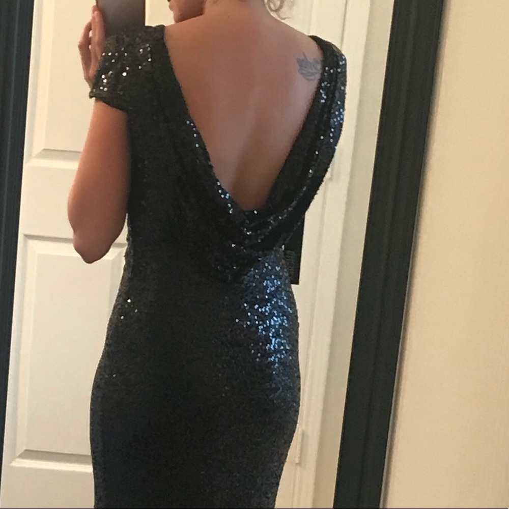 Badgley Mischka black sequin cowl back gown dress - Picture 6 of 9